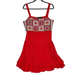 New York & Company L Cottage Ruffle Tier Dress Red Multi Crochet Top Flare Skirt